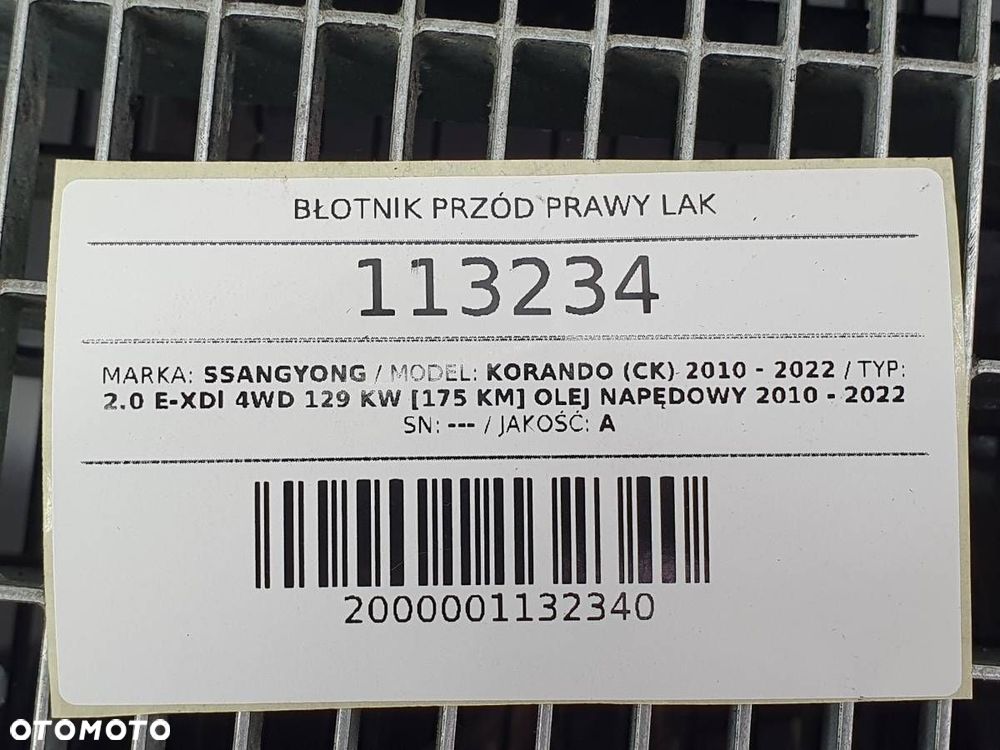 BŁOTNIK PRZÓD PRAWY LAK SSANGYONG KORANDO III 3 LAK CZARNY  LISTWA - 9