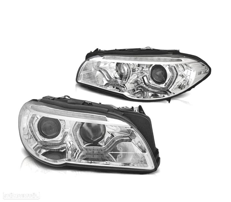 FARÓIS BMW F10 F11 13-16 XENON ANGEL EYES LED 3D DRL DINÂMICOS CROMADOS - 1