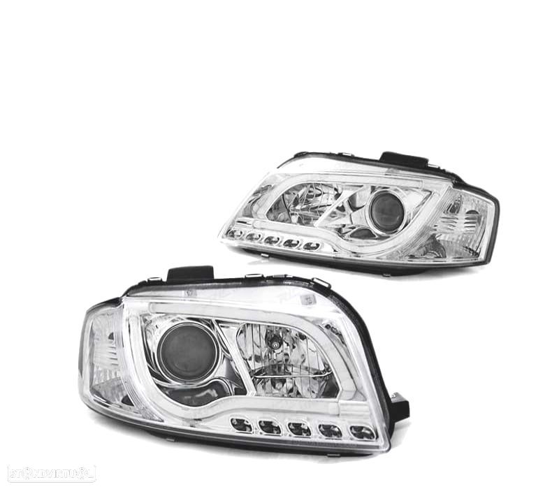 FARÓIS LED AUDI A3 8P 03-08 TRU DRL ECE-R87 CROMADO - 2