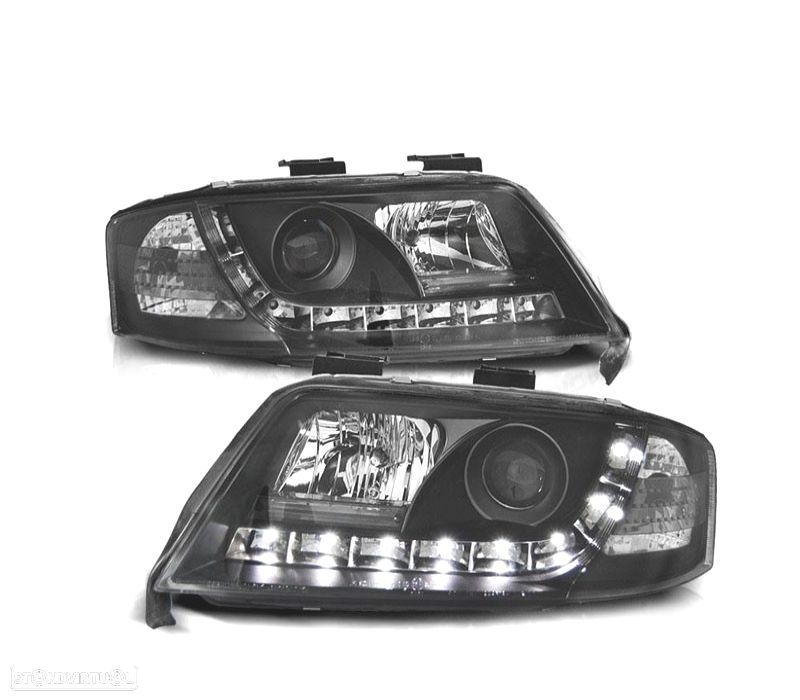 FARÓIS COM LUZ DIURNA LED AUDI A6 4B 97-01 FUNDO PRETO - 1