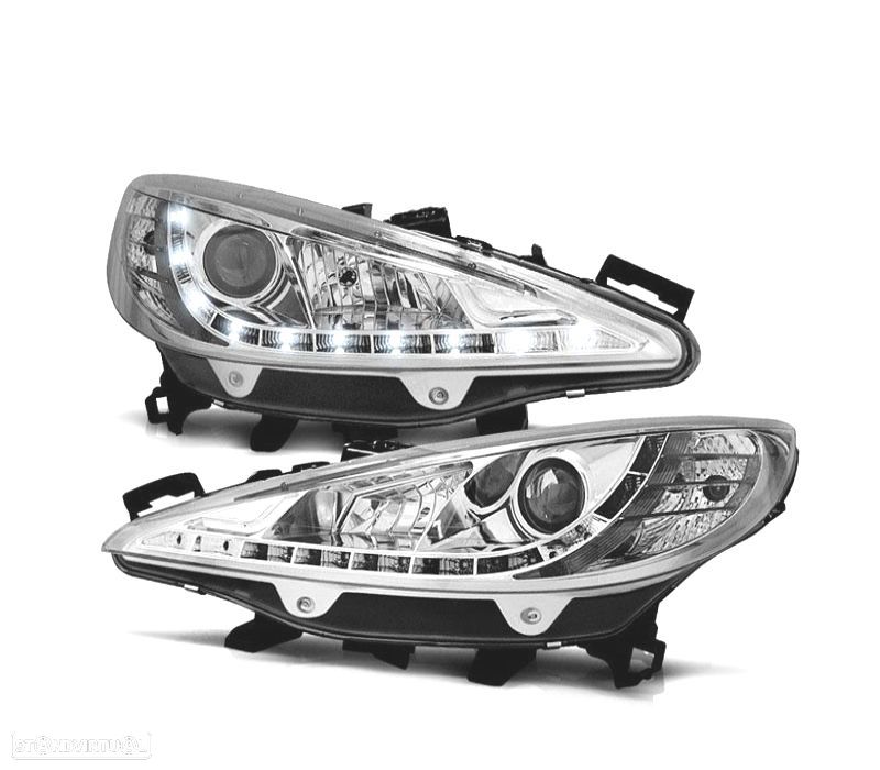 FARÓIS PEUGEOT 207 06-12 LUZ LED DIURNA FUNDO CROMADO - 1