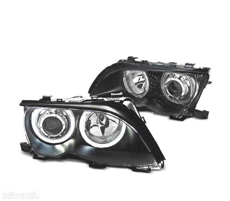 FAROIS FRONTAL BMW E46 4 PORTAS 01-05 OLHOS DE ANGEL LED FUNDO PRETO - 1