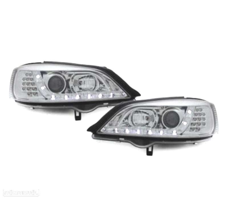 FARÓIS COM LUZ DIURNA LED OPEL ASTRA G 97-04 FUNDO CROMADO - 1