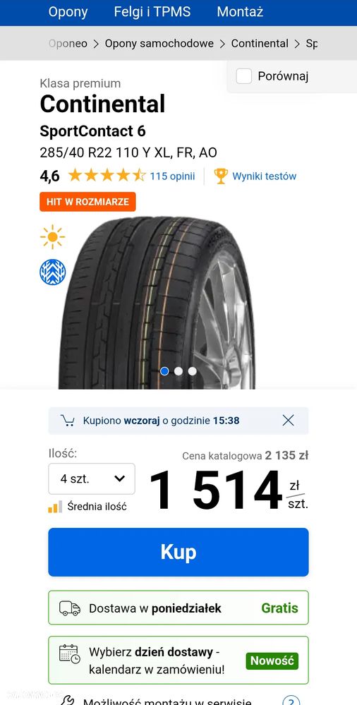 Continental SportContact 6 285/40 R22  Y XL.  DOT 2725 - 3