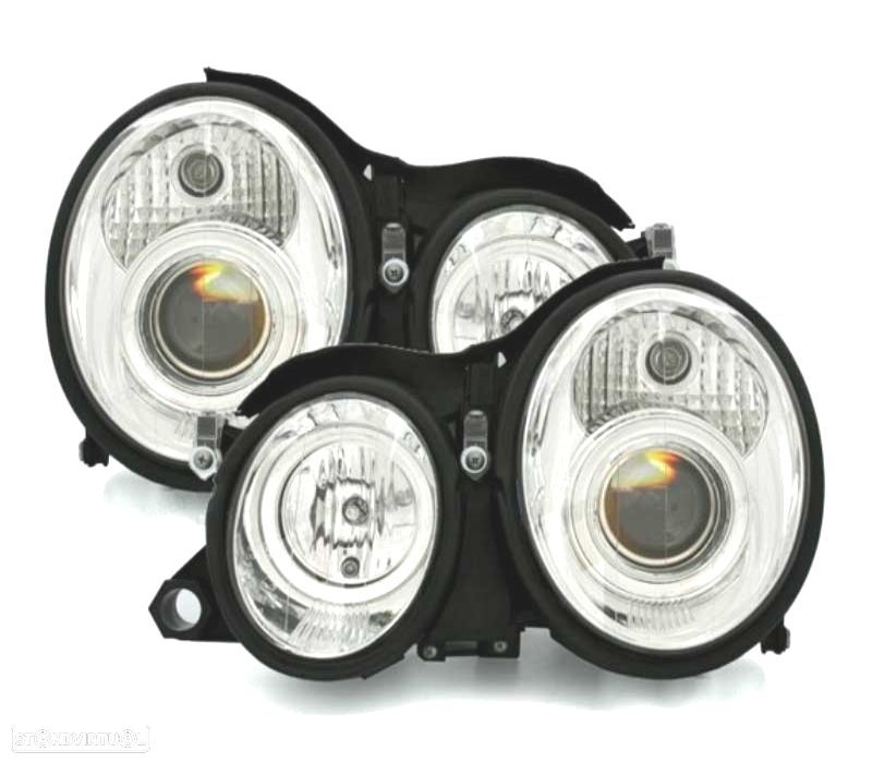 FARÓIS FRONTAIS ANGEL EYES PARA MERCEDES CLK W208. FUNDO CROMADO - 1