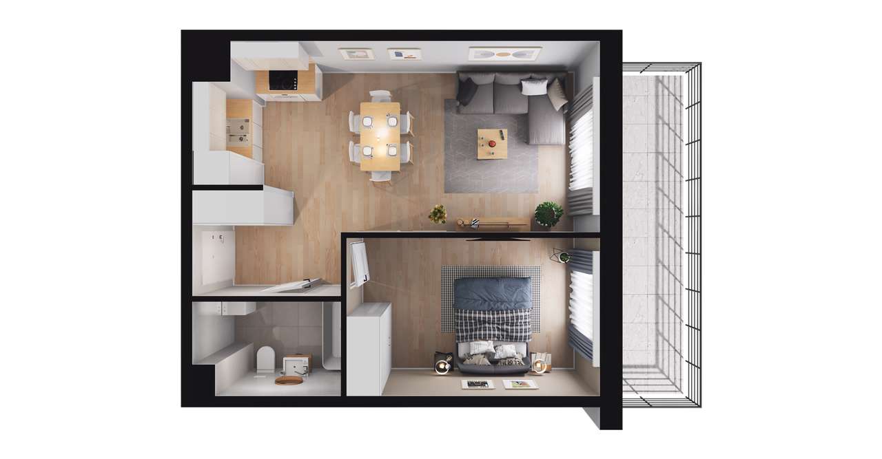 2-pokojowe mieszkanie 43m2 + balkon - Pełny obrazek: 2/23