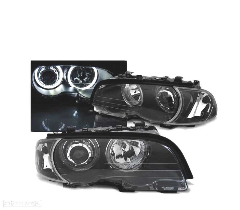 FARÓIS LED ANGEL EYES BMW E46 COUPE CABRIO 99-03 BLACK PRETO - 1
