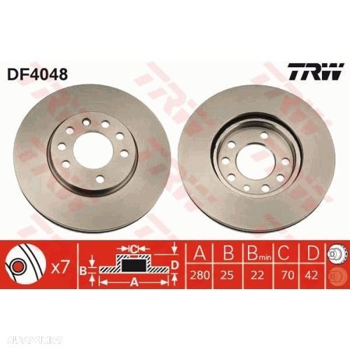 Set discuri frana punte fata Opel Astra G (T98) 1998-2009, Astra H (A04) 2003-2014, Meriva 2003-2017; Zafira A (T98) 1999-2005, Zafira B (A05) 2005-2012, Corsa C (X01), TRW, DF4048 - 1