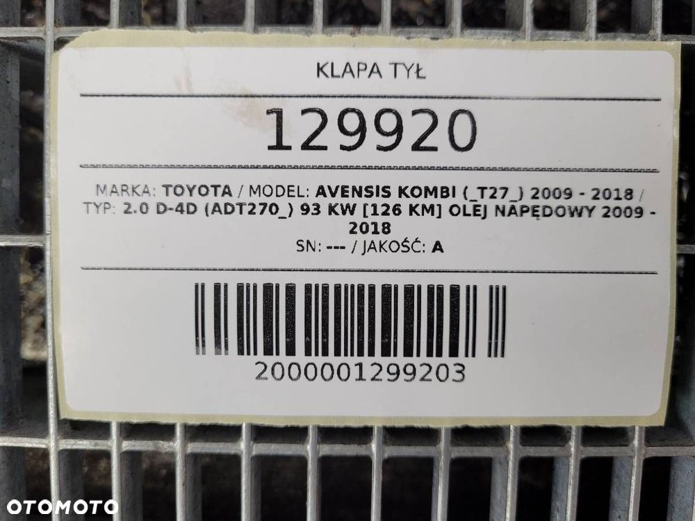KLAPA TYŁ TYLNA BAGAŻNIKA KOMPLETNA TOYOTA AVENSIS T27 KOMBI 8S6 - 18