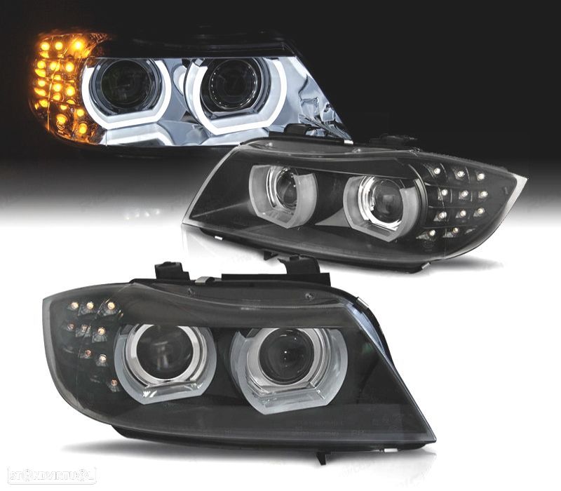 FARÓIS XENON ANGEL EYES 3D BMW E90 E91 08-12 FUNDO PRETO - 1