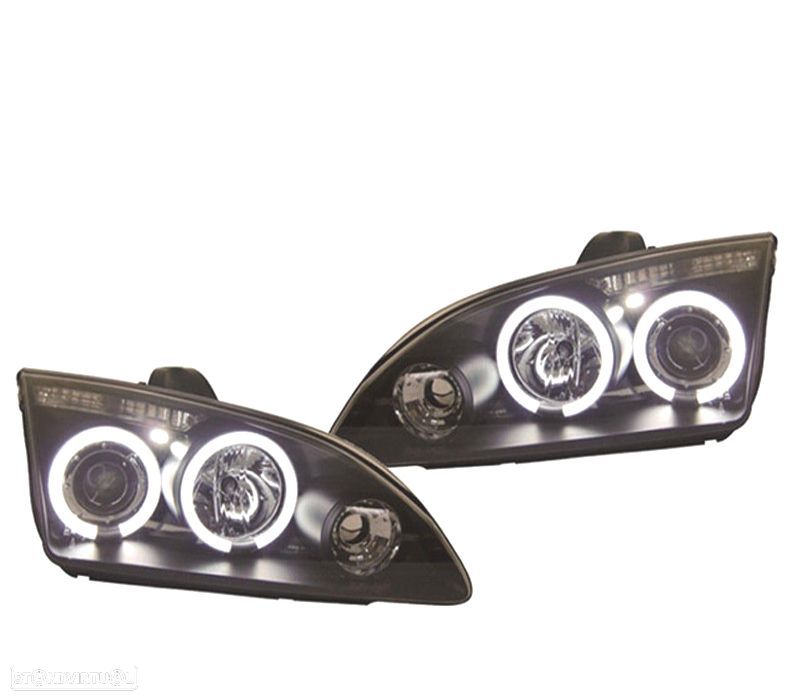 FARÓIS FRONTAIS ANGEL EYES - CCFL FORD FOCUS 04-08 FUNDO PRETO - 1