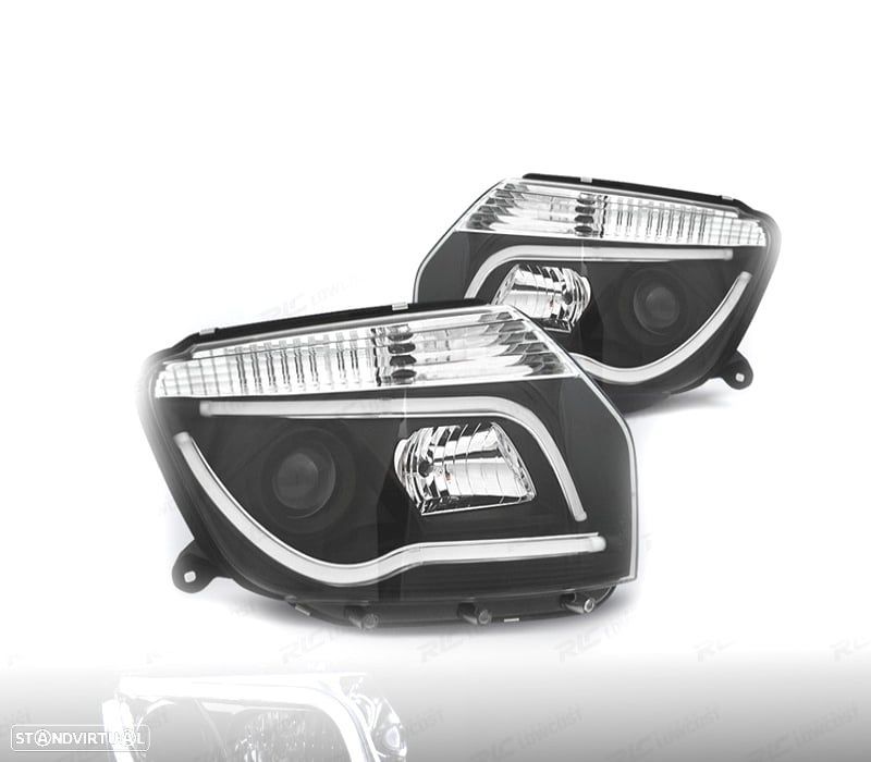 FARÓIS FRONTAIS DACIA DUSTER 10-13 TUBE LIGHT FUNDO PRETO - 1