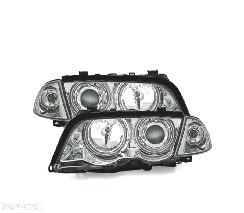 FARÓIS DIANTEIROS BMW E46 4 PORTAS 98-01 ANGEL EYES CFL FUNDO CROMADO H7-H7 - 1