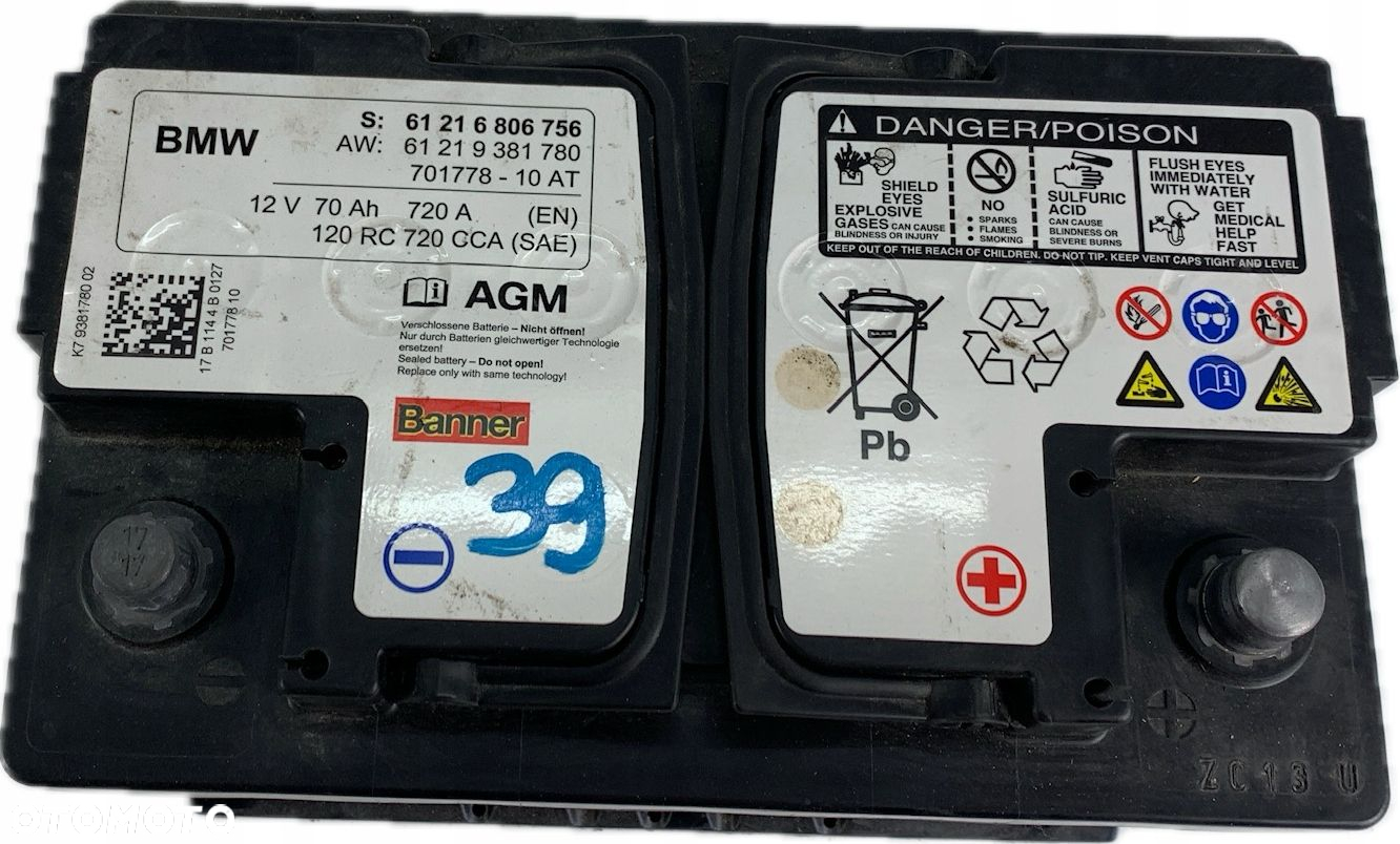 39 AKUMULATOR AGM BMW 70 Ah 720A 12V 2017 ROK 6806756 9381780 - 2