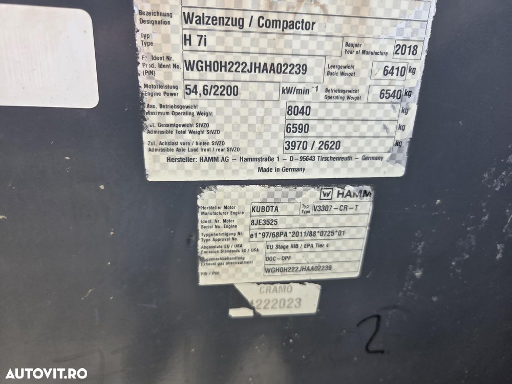 Hamm H7i, 7 tone, 2018, 1.400h, latime tambur 1,35m, Certificat CE, produs in Germania, motor Kubota 75CP, anvelope 90% ok, aer conditionat, posibilitate leasing 3 ani, STARE CA NOU, PROMOTIE -48.900 EUR+Tva - 14
