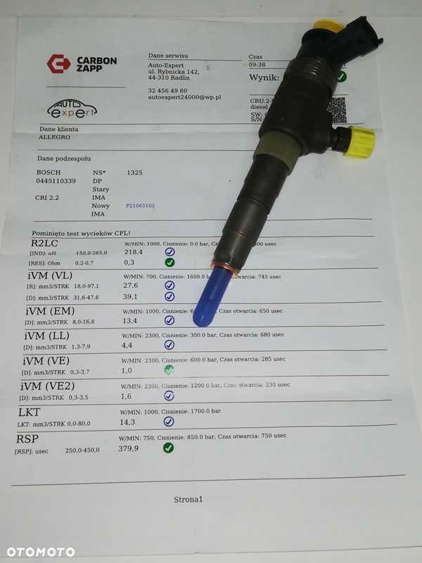 WTRYSKIWACZE BOSCH 0445110339 PEUGEOT 2 LATA GWARANCJI - 1