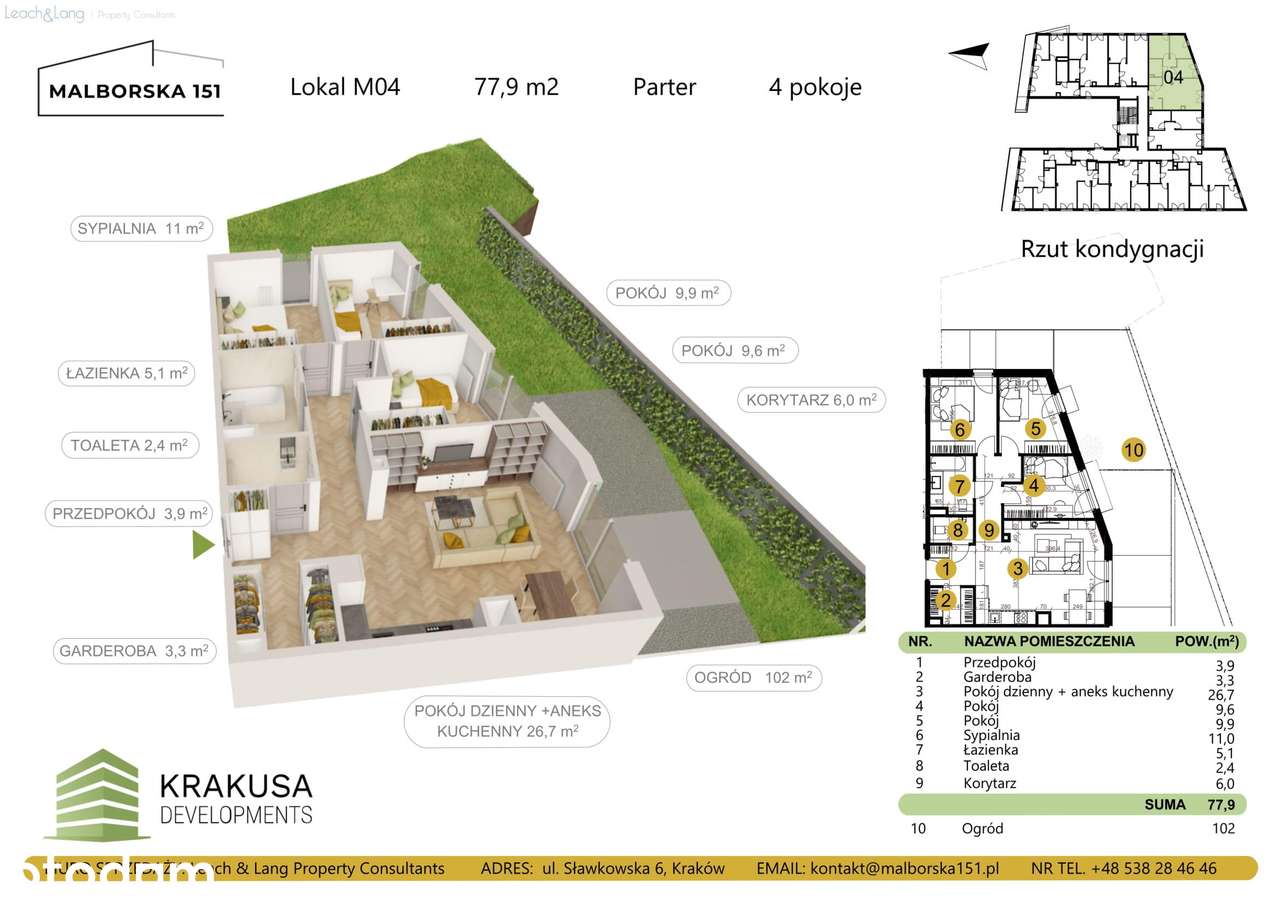 4 pokoje, ogród 102m2, Malborska 151, Wola Duchacka