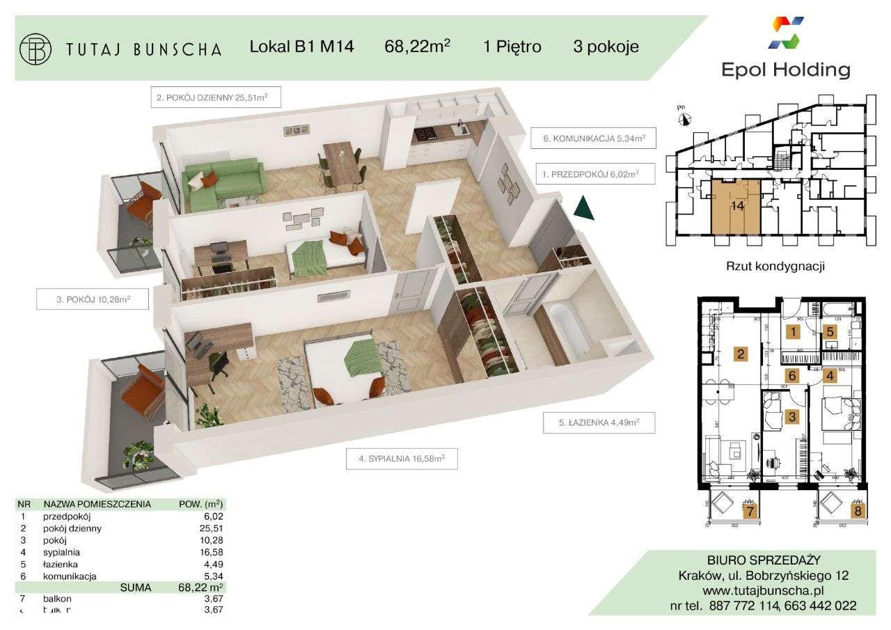 3-pokojowe mieszkanie 68,22 m2 + 2 balkony 3,67 + 3,67 m2 Bezpośrednio