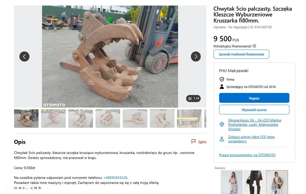 Arden S1201 na 2 siłownikach, chwytak hydrauliczny obrotowy sortujący wyburzeniowy kleszcze, waga 1220kg. - 6