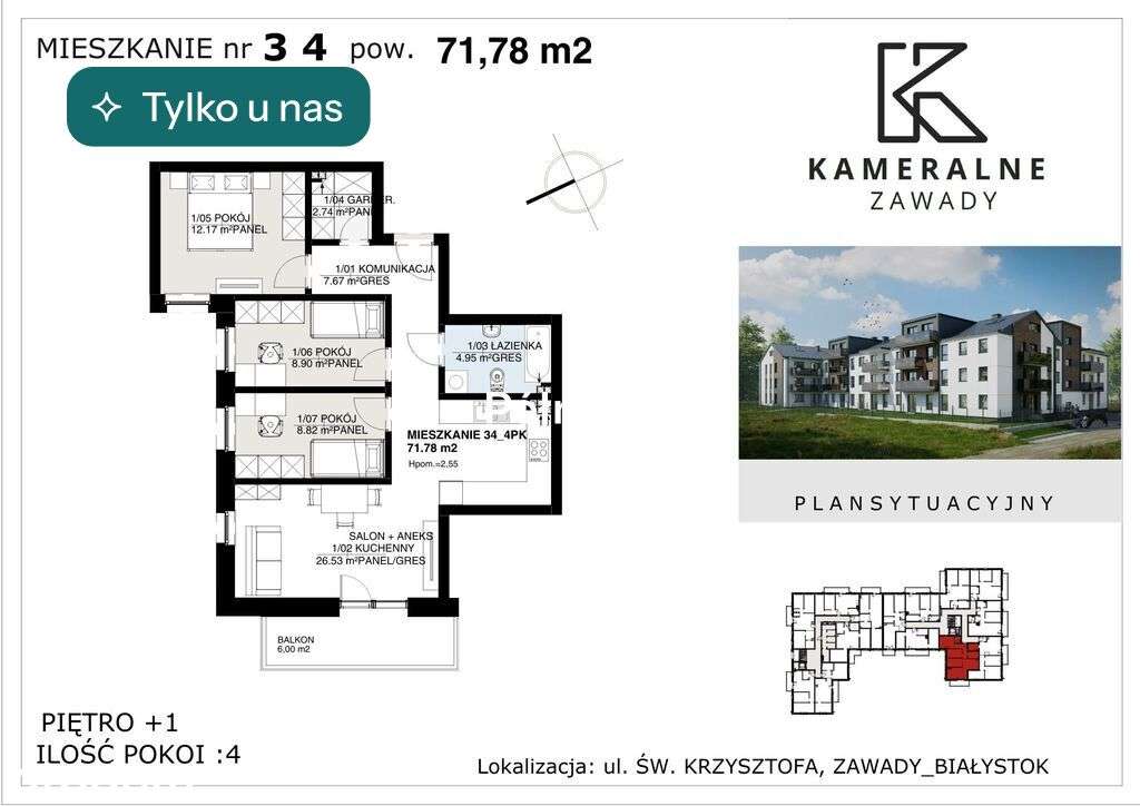 Kameralne Zawady - 71,78m2 , I Piętro