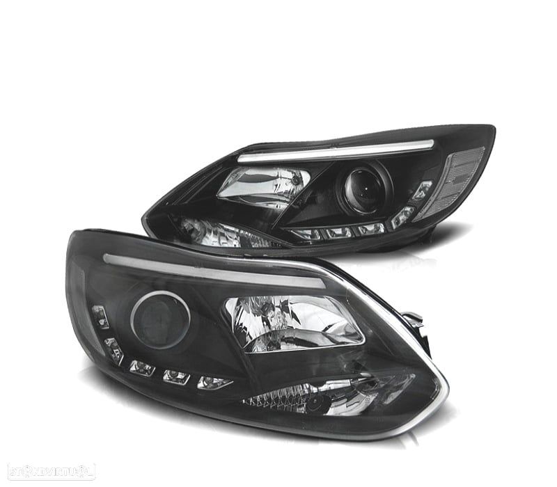 FARÓIS FRONTAIS FORD FOCUS 11-14 TUBE LIGHT + LED FUNDO PRETO - 1