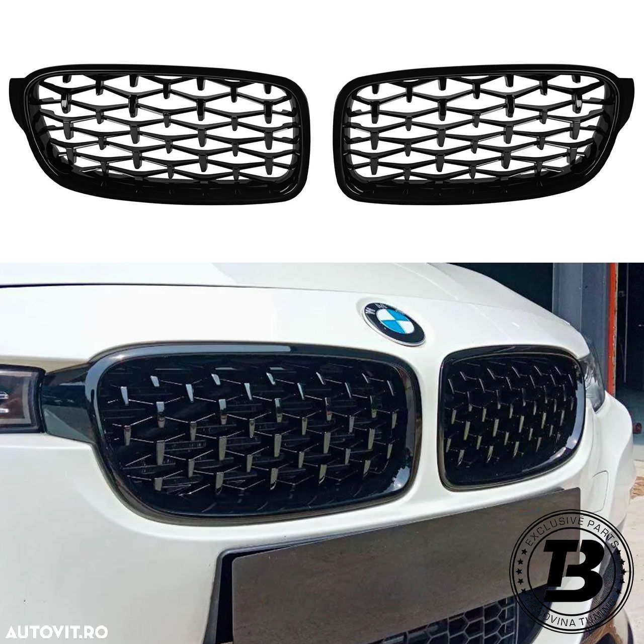 Grile Duble compatibile cu BMW Seria 3 F30 F31 Diamond Black Design - 1