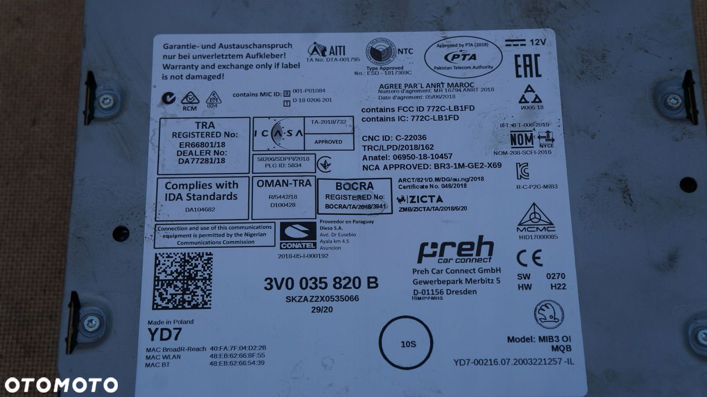 SKODA KAROQ KODIAQ SUPERB NAWIGACJA MIB3 CZYTNIK 3V0035820B - 2