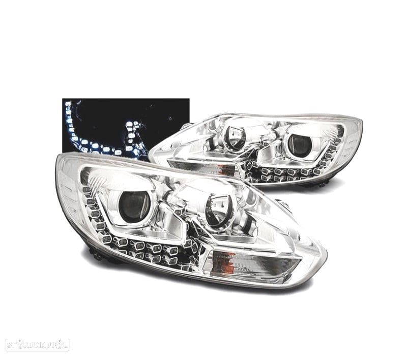 FARÓIS FRONTAIS FORD FOCUS 11-14 LUZ DIURNA FUNDO CROMADO - 1