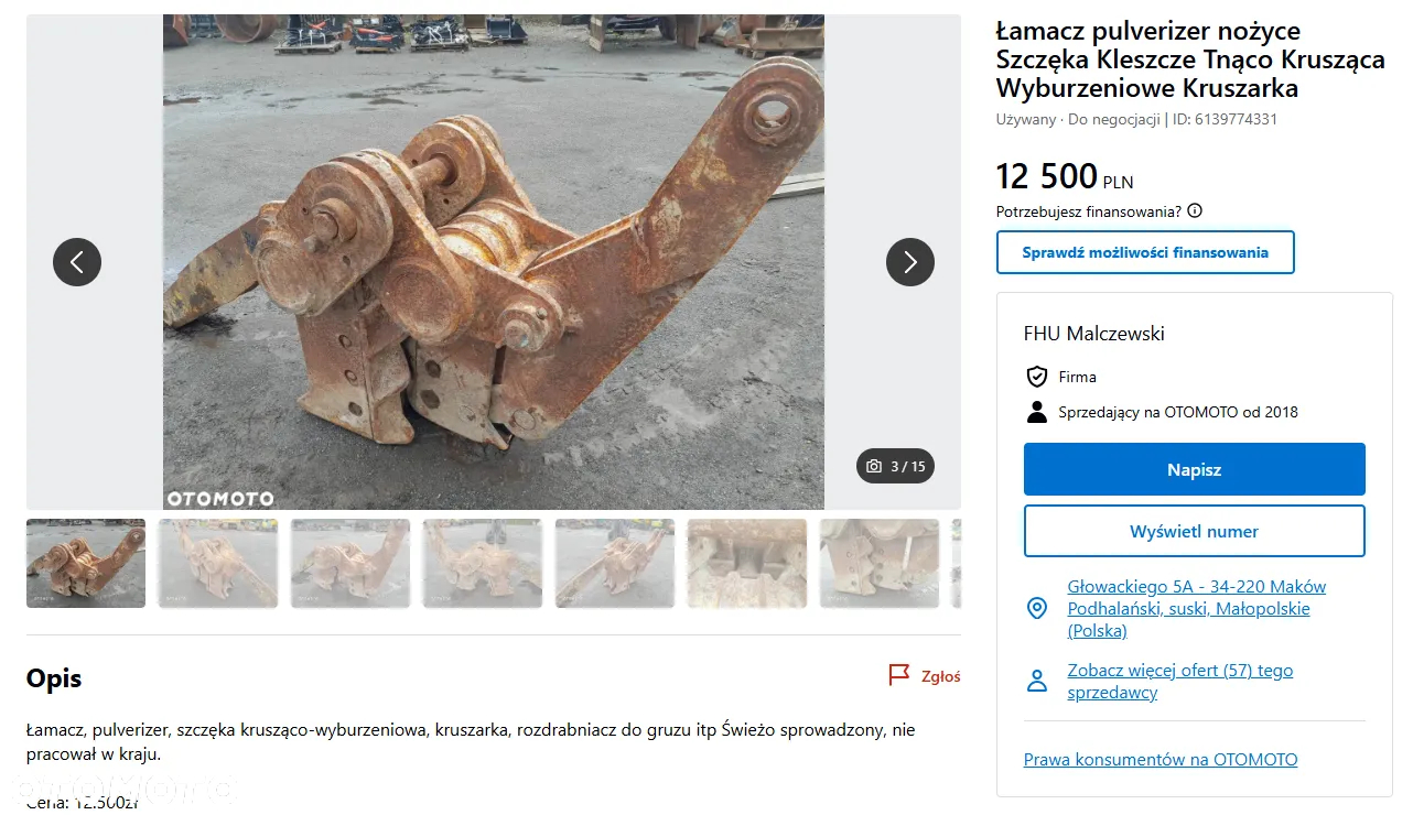 Nożyce Szczęka Kleszcze Tnąco Krusząca Wyburzeniowe Kruszarka fi50mm 300kg. - 3