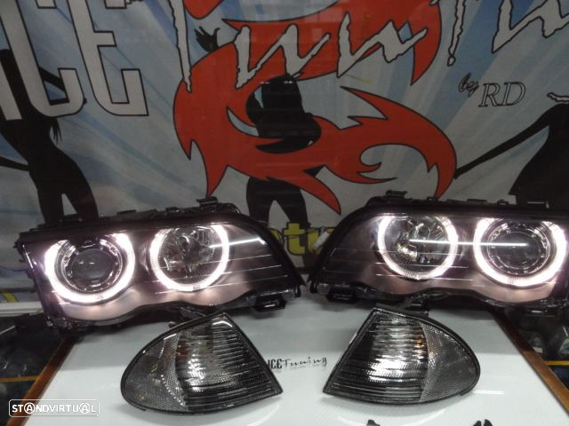 Farois angel eyes BMW E46 4 portas / limosine 98-01 fundo preto com angel eyes em branco - 10