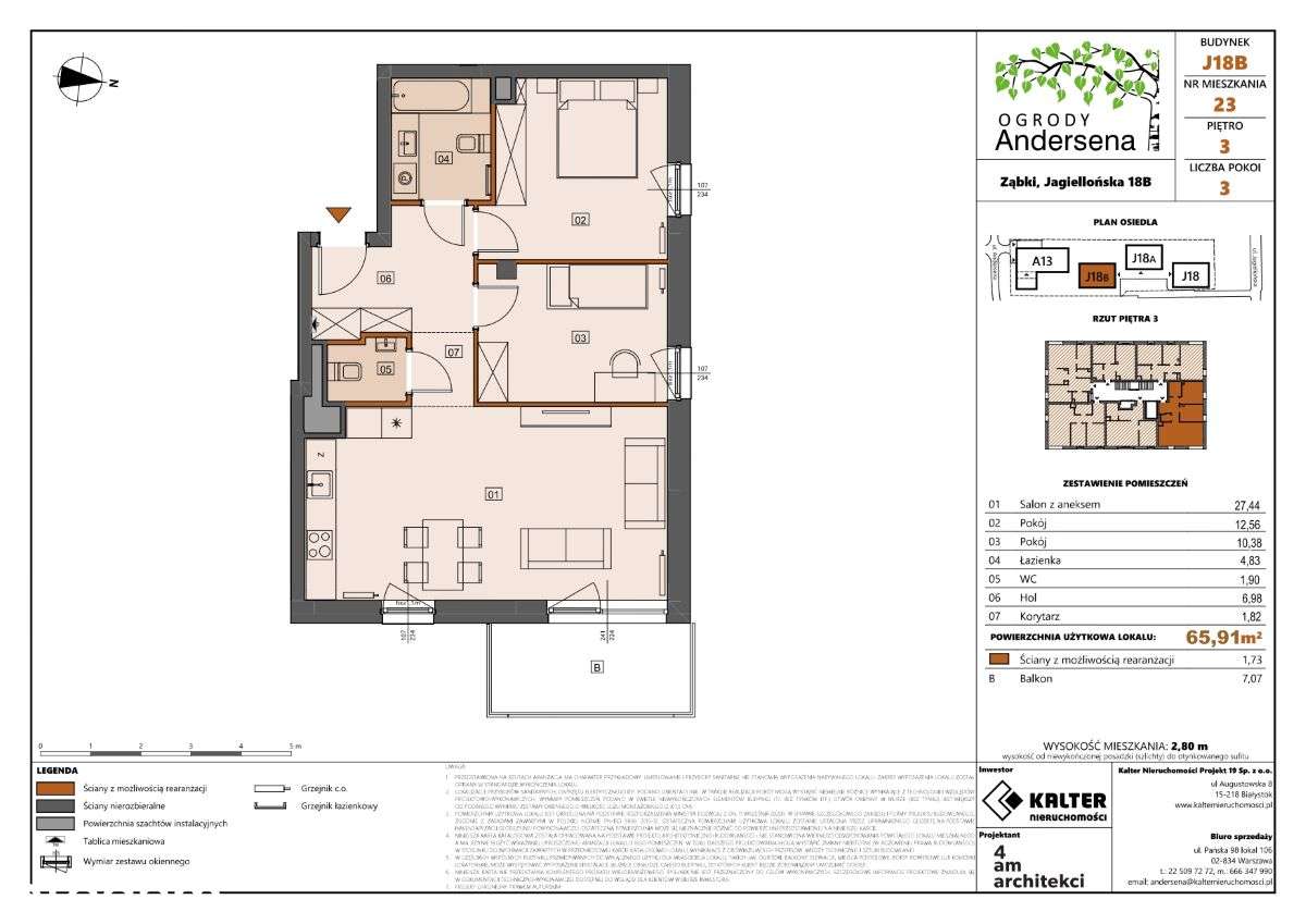 Mieszkanie J18B-23, 3 pokoje 65,91 m2 z balkonem 7,07 m2