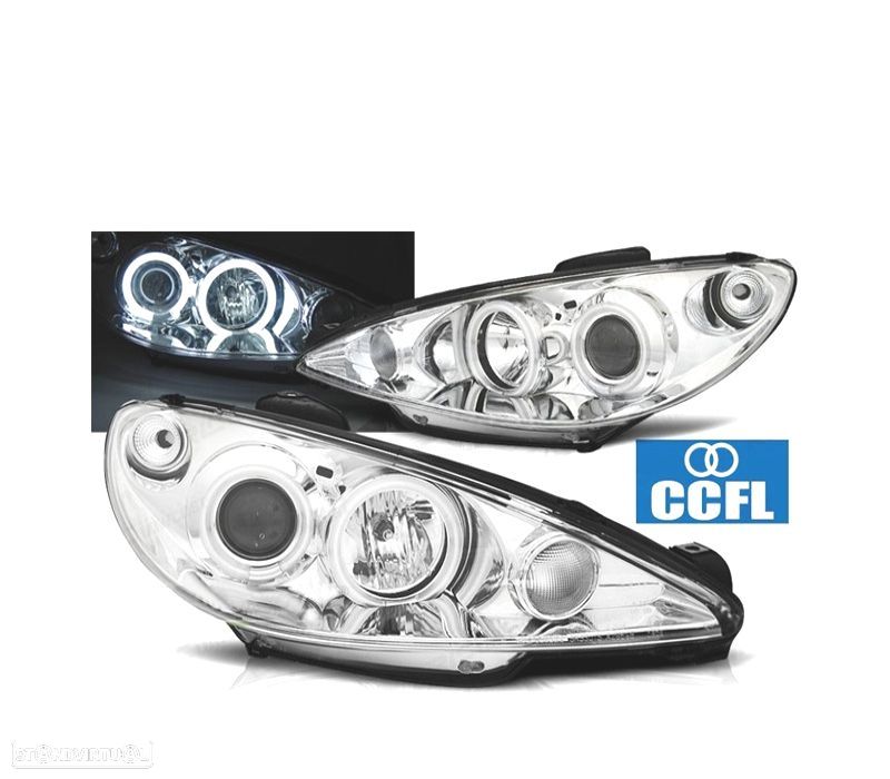 FARÓIS ANGEL EYES CCFL PEUGEOT 206 H1 98-08 FUNDO CROMADO - 1