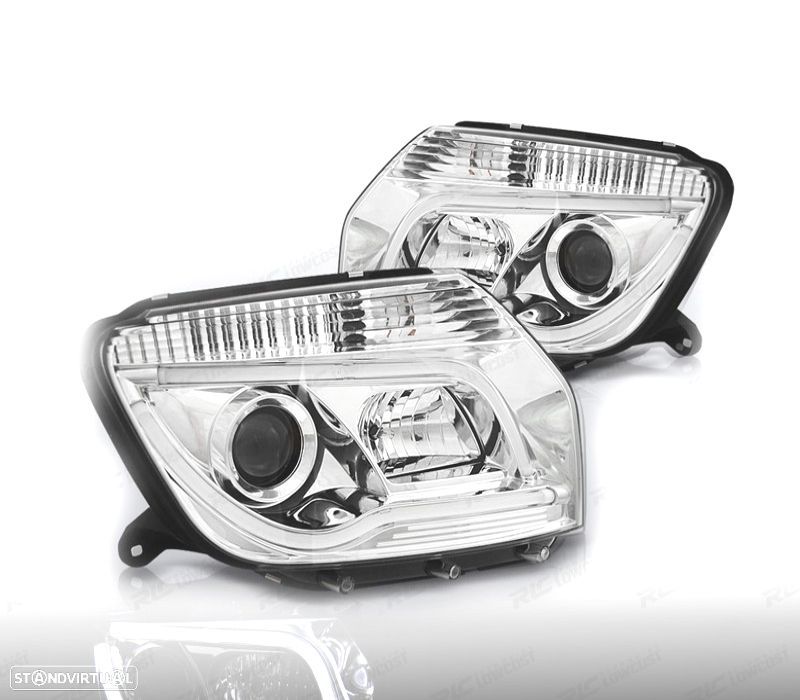FARÓIS FRONTAIS DACIA DUSTER 10-13 TUBE LIGHT FUNDO CROMADO - 1