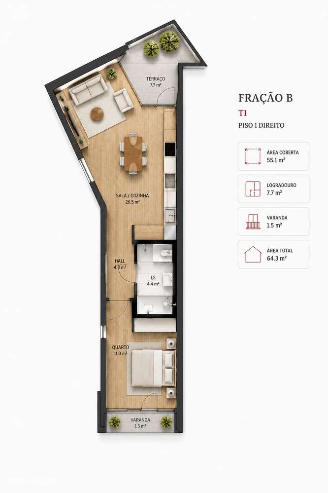 Apartamento T1 Novo - Varanda + Terraço - Areosa - Grande imagem: 2/17