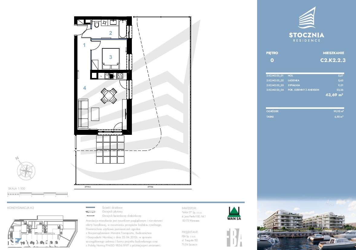 Mieszkanie 43,69 m2 + ogródek + taras | Stocznia Residence