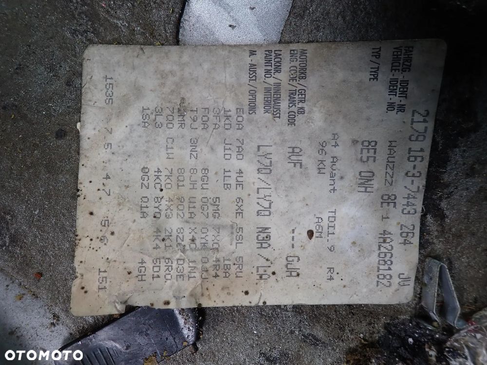 CZĘSĆI - Audi A4 B6 1,9TDI 130KM AVF AT AUTOMAT GJA KOMBI LAKIER LY7Q 2004r. INDEX - 9351 - 6