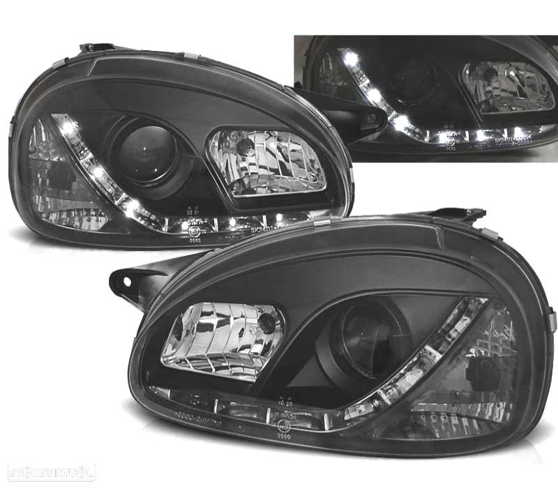 FARÓIS COM LUZ DIURNA LED OPEL CORSA B 93-00 FUNDO PRETO - 1