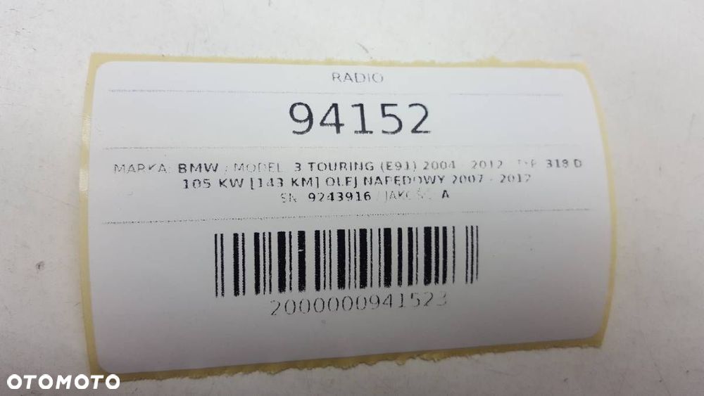 RADIO BMW 3 Touring (E91) 2004 - 2012 318 d 105 kW [143 KM] olej napędowy 2007 - 2012 9243916 - 6