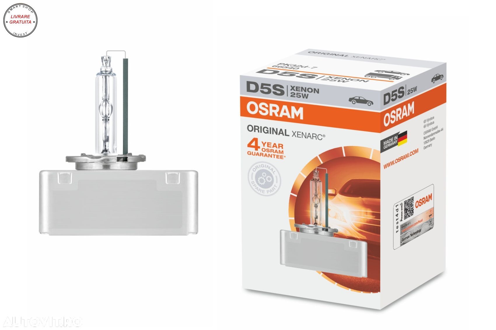 Bec Auto Xenon OSRAM XENARC ORIGINAL D5S 66540 25W 4400K- livrare gratuita - 1