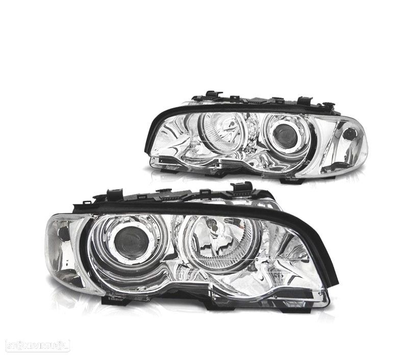 FARÓIS ANGEL EYES CCFL PARA BMW E46 COUPE CABRIO 99-03 FUNDO CROMADO - 1