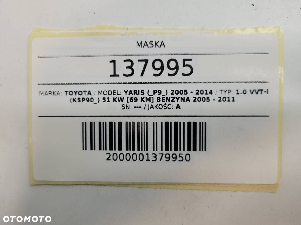 MASKA POKRYWA SILNIKA TOYOTA YARIS II 2006 3 DRZWI 3D EU - 9