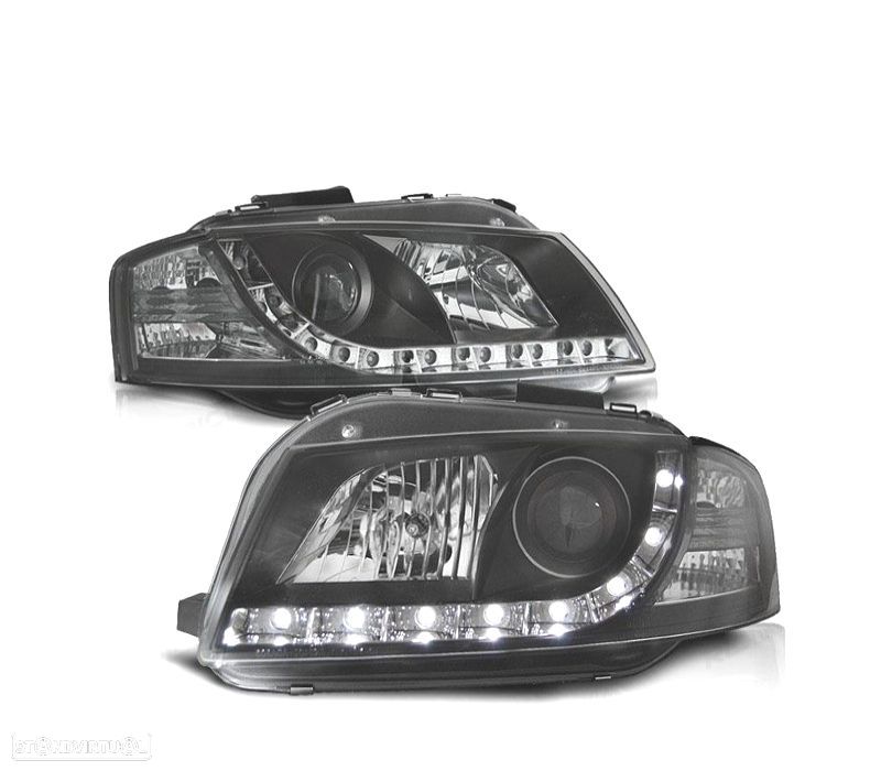 FARÓIS AUDI A3 8P 03-08 LUZ LED DIURNA FUNDO PRETO - 1