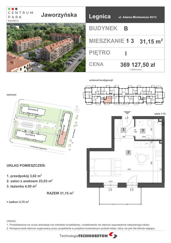 Mieszkanie na sprzedaż, 1 pokój, 31 m², Legnica