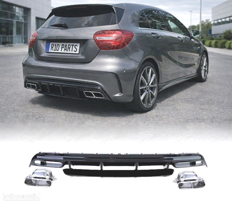 DIFUSOR MERCEDES CLASE A W176 12-18 LOOK A45 AMG PRETO BRILHANTE + PONTEIRAS DE ESCAPE - 1