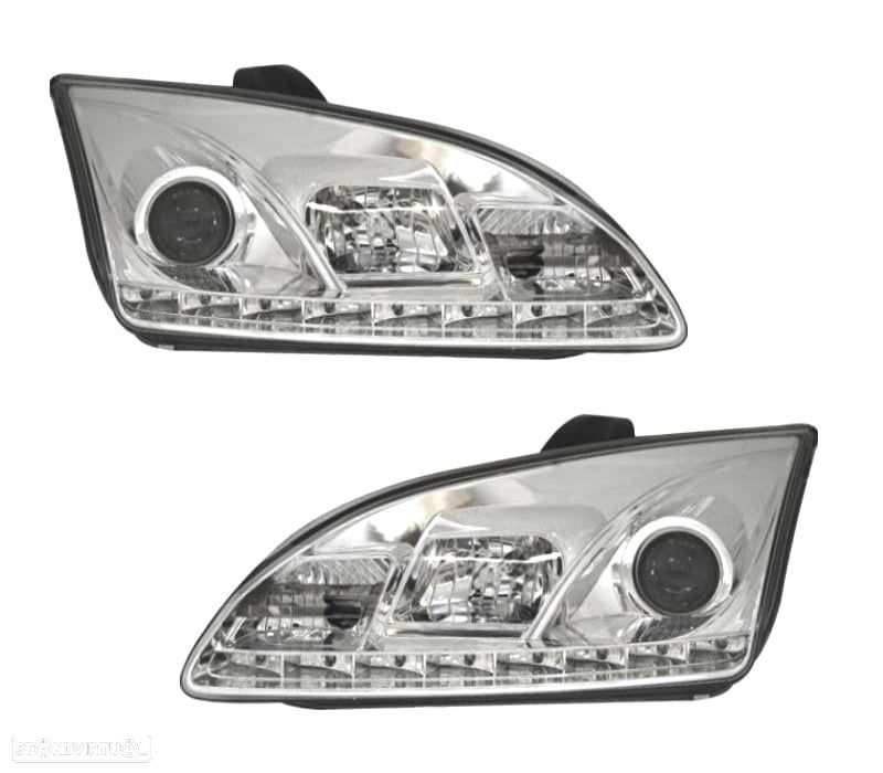 FARÓIS FRONTAIS FORD FOCUS MK2 LUZ DIURNA LED 5W FUNDO CROMADO - 1