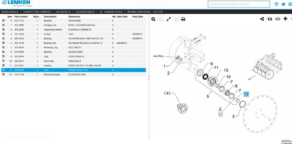 Oś piasty talerza LEMKEN Heliodor 4550310 - 3