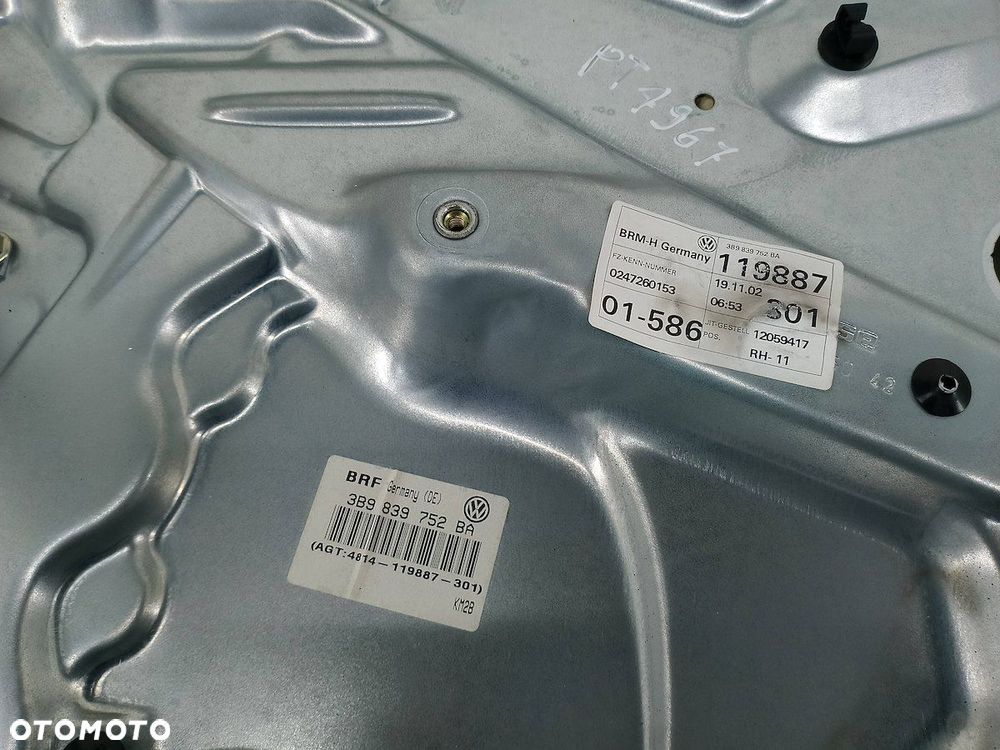 PODNOŚNIK SZYBY PRAWY TYŁ Z STELAŻEM VW PASSAT B5 FL 3B9839752BA - 5