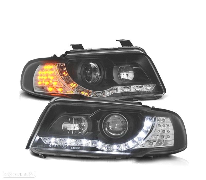 FARÓIS COM LUZ DIURNA LED AUDI A4 B5 99-01 FUNDO PRETO - 1