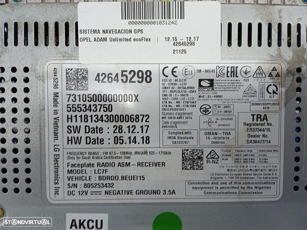 SISTEMA NAVEGAÇÃO GPS OPEL ADAM 2018 -42645298 - 1