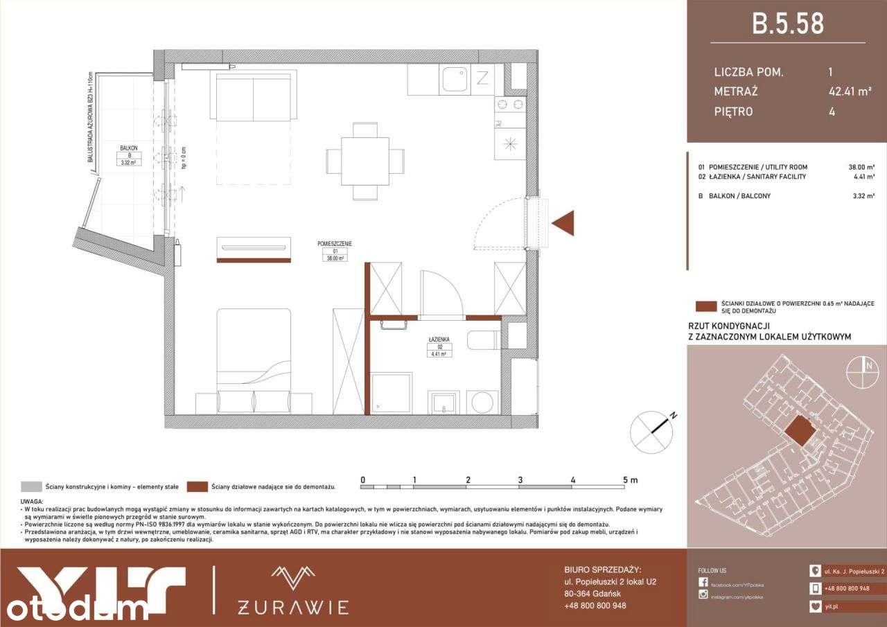 1-pokojowy apartament inwestycyjny 42m2 + balkon - Pełny obrazek: 2/7